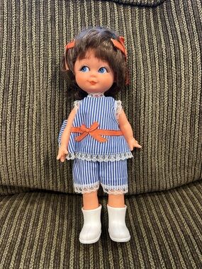 Vintage CHEER laundry detergent doll Blue & White Striped Outfit Orange Bows